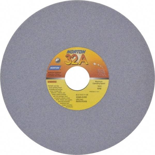 Norton - 8" Diam x 1-1/4" Hole x 1/4" Thick, K Hardness, 80 Grit Surface Grinding Wheel - Aluminum Oxide, Type 1, Medium Grade, 3,600 Max RPM, Vitrified Bond, No Recess - A1 Tooling