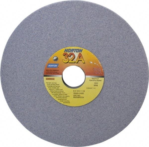 Norton - 8" Diam x 1-1/4" Hole x 1/2" Thick, H Hardness, 60 Grit Surface Grinding Wheel - Aluminum Oxide, Type 1, Medium Grade, 3,600 Max RPM, Vitrified Bond, No Recess - A1 Tooling