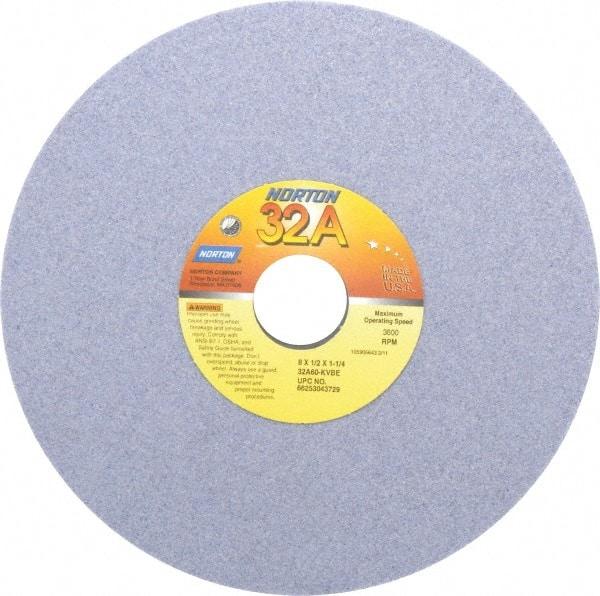 Norton - 8" Diam x 1-1/4" Hole x 1/2" Thick, K Hardness, 60 Grit Surface Grinding Wheel - Aluminum Oxide, Type 1, Medium Grade, 3,600 Max RPM, Vitrified Bond, No Recess - A1 Tooling