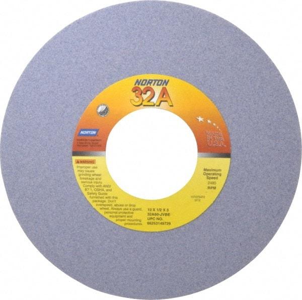 Norton - 10" Diam x 3" Hole x 1/2" Thick, J Hardness, 60 Grit Surface Grinding Wheel - Aluminum Oxide, Type 1, Medium Grade, 2,485 Max RPM, Vitrified Bond, No Recess - A1 Tooling