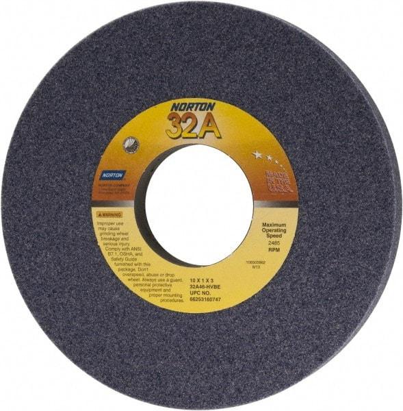 Norton - 10" Diam x 3" Hole x 1" Thick, H Hardness, 46 Grit Surface Grinding Wheel - Aluminum Oxide, Type 1, Coarse Grade, 2,485 Max RPM, Vitrified Bond, No Recess - A1 Tooling