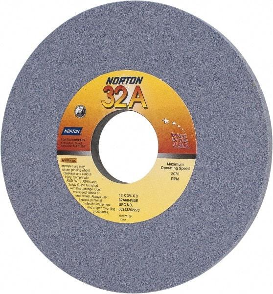 Norton - 12" Diam x 3" Hole x 3/4" Thick, I Hardness, 60 Grit Surface Grinding Wheel - Aluminum Oxide, Type 1, Medium Grade, 2,070 Max RPM, Vitrified Bond, No Recess - A1 Tooling