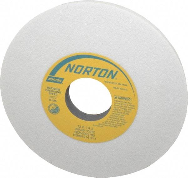 Norton - 12" Diam x 3" Hole x 1" Thick, H Hardness, 46 Grit Surface Grinding Wheel - Aluminum Oxide, Type 1, Coarse Grade, 2,070 Max RPM, Vitrified Bond, No Recess - A1 Tooling