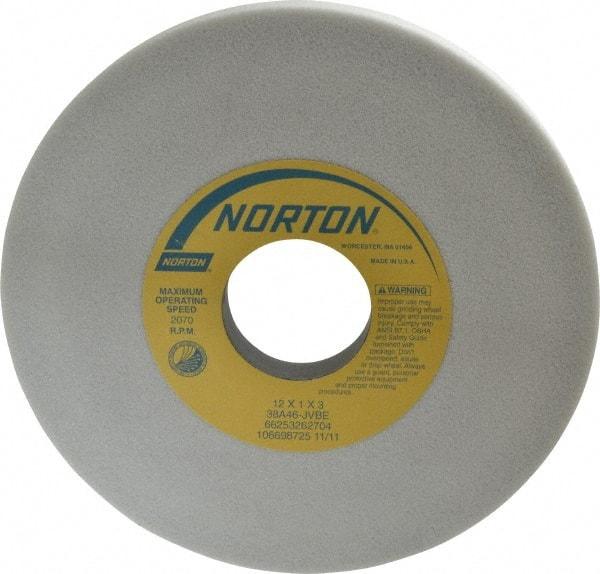 Norton - 12" Diam x 3" Hole x 1" Thick, J Hardness, 46 Grit Surface Grinding Wheel - Aluminum Oxide, Type 1, Coarse Grade, 2,070 Max RPM, Vitrified Bond, No Recess - A1 Tooling