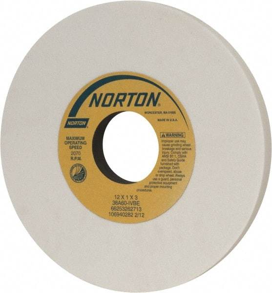 Norton - 12" Diam x 3" Hole x 1" Thick, I Hardness, 60 Grit Surface Grinding Wheel - Aluminum Oxide, Type 1, Medium Grade, 2,070 Max RPM, Vitrified Bond, No Recess - A1 Tooling