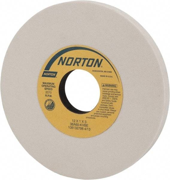 Norton - 12" Diam x 3" Hole x 1" Thick, K Hardness, 60 Grit Surface Grinding Wheel - Aluminum Oxide, Type 1, Medium Grade, 2,070 Max RPM, Vitrified Bond, No Recess - A1 Tooling