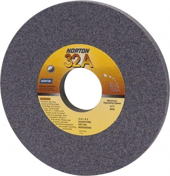 Norton - 12" Diam x 3" Hole x 1" Thick, H Hardness, 46 Grit Surface Grinding Wheel - Aluminum Oxide, Type 1, Coarse Grade, 2,070 Max RPM, Vitrified Bond, No Recess - A1 Tooling