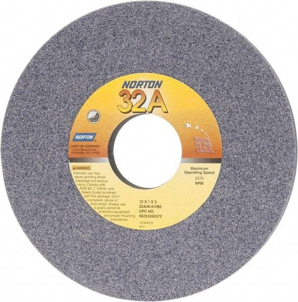 Norton - 12" Diam x 3" Hole x 1" Thick, K Hardness, 46 Grit Surface Grinding Wheel - Aluminum Oxide, Type 1, Coarse Grade, 2,070 Max RPM, Vitrified Bond, No Recess - A1 Tooling