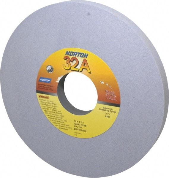 Norton - 12" Diam x 3" Hole x 1" Thick, K Hardness, 80 Grit Surface Grinding Wheel - Aluminum Oxide, Type 1, Medium Grade, 2,070 Max RPM, Vitrified Bond, No Recess - A1 Tooling