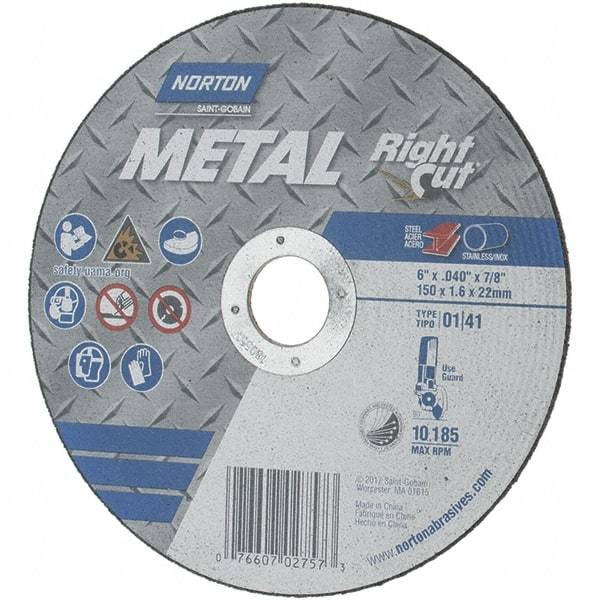 Norton - 6" Aluminum Oxide Cutoff Wheel - 0.04" Thick, 7/8" Arbor, Use with Angle Grinders - A1 Tooling