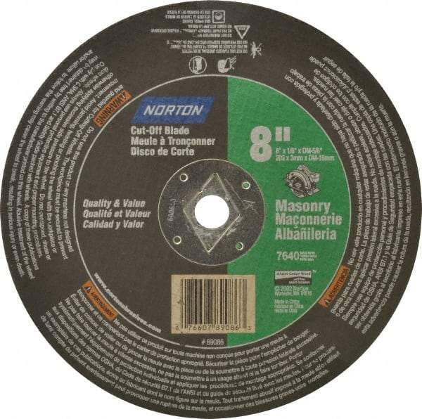 Norton - 8" 24 Grit Silicon Carbide Cutoff Wheel - 1/8" Thick, 5/8" Arbor, 7,640 Max RPM, Use with Circular Saws - A1 Tooling