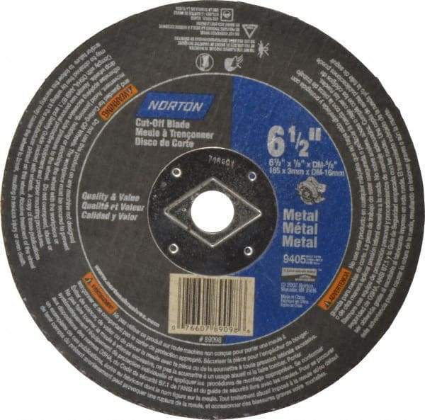 Norton - 6-1/2" 24 Grit Aluminum Oxide Cutoff Wheel - 1/8" Thick, 5/8" Arbor, 9,405 Max RPM, Use with Circular Saws - A1 Tooling