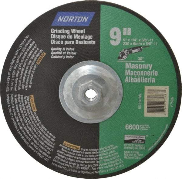 Norton - 24 Grit, 9" Wheel Diam, 1/4" Wheel Thickness, Type 27 Depressed Center Wheel - Silicon Carbide, 6,600 Max RPM, Compatible with Angle Grinder - A1 Tooling