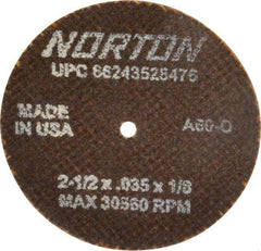 Norton - 2-1/2" 60 Grit Aluminum Oxide Cutoff Wheel - 0.035" Thick, 1/8" Arbor, 30,560 Max RPM, Use with Die Grinders - A1 Tooling