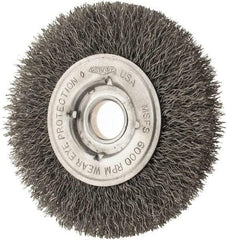 Osborn - 4" OD, 1/2 & 5/8" Arbor Hole, Crimped Steel Wheel Brush - 5/8" Face Width, 13/16" Trim Length, 0.0104" Filament Diam, 6,000 RPM - A1 Tooling