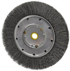 Osborn - 6" OD, 1/2 & 5/8" Arbor Hole, Crimped Steel Wheel Brush - 5/8" Face Width, 1-1/8" Trim Length, 0.008" Filament Diam, 6,000 RPM - A1 Tooling