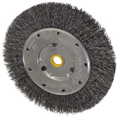 Osborn - 6" OD, 1/2 & 5/8" Arbor Hole, Crimped Steel Wheel Brush - 5/8" Face Width, 1-1/8" Trim Length, 0.014" Filament Diam, 6,000 RPM - A1 Tooling