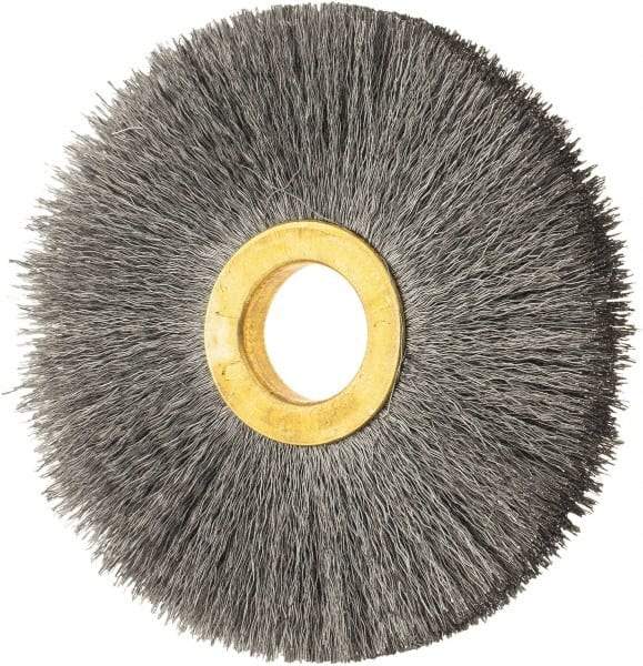 Osborn - 3" OD, 5/8" Arbor Hole, Crimped Steel Wheel Brush - 3/8" Face Width, 15/16" Trim Length, 0.006" Filament Diam, 20,000 RPM - A1 Tooling