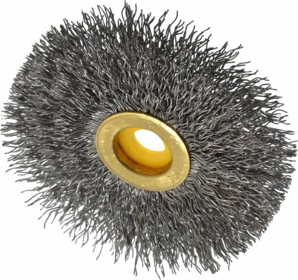 Osborn - 3" OD, 3/8" Arbor Hole, Crimped Steel Wheel Brush - 3/8" Face Width, 15/16" Trim Length, 0.014" Filament Diam, 20,000 RPM - A1 Tooling