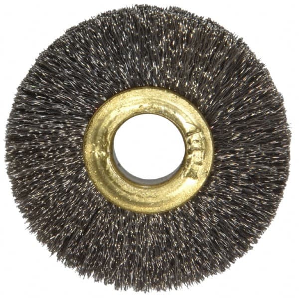 Osborn - 1-1/2" OD, 3/8" Arbor Hole, Crimped Stainless Steel Wheel Brush - 7/32" Face Width, 3/8" Trim Length, 0.005" Filament Diam, 20,000 RPM - A1 Tooling