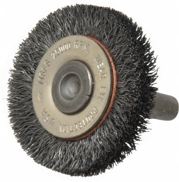 Osborn - 1-1/2" OD, 1/4" Shank Diam, Crimped Steel Wheel Brush - 3/8" Face Width, 9/32" Trim Length, 0.008" Filament Diam, 25,000 RPM - A1 Tooling