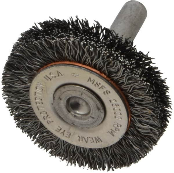 Osborn - 1-1/2" OD, 1/4" Shank Diam, Crimped Steel Wheel Brush - 3/8" Face Width, 9/32" Trim Length, 0.0118" Filament Diam, 25,000 RPM - A1 Tooling