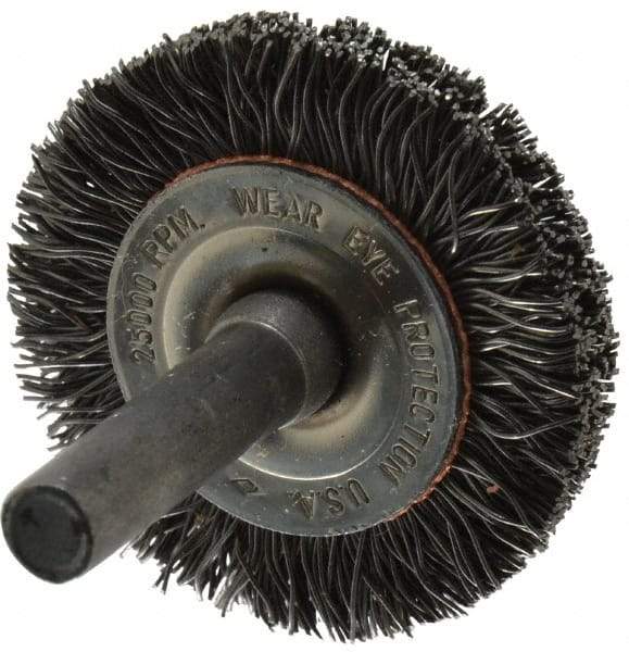 Osborn - 1-1/2" OD, 1/4" Shank Diam, Crimped Steel Wheel Brush - 3/8" Face Width, 9/32" Trim Length, 0.014" Filament Diam, 25,000 RPM - A1 Tooling