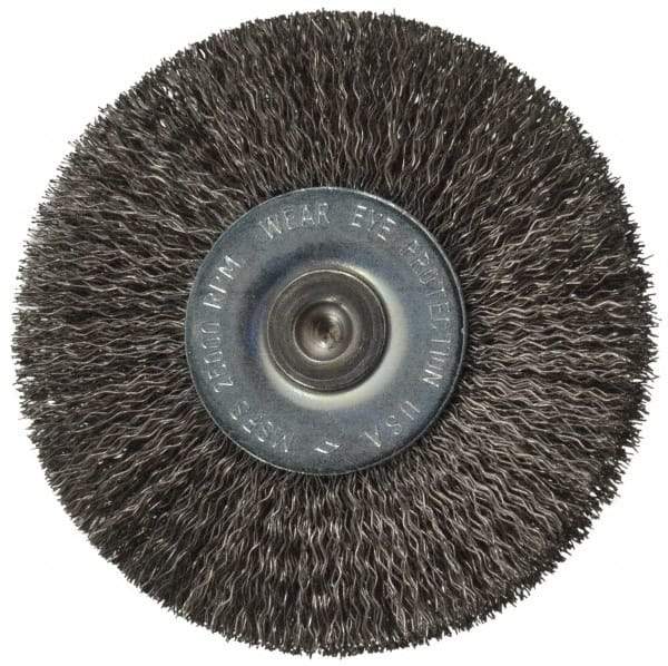 Osborn - 2-1/2" OD, 1/4" Shank Diam, Crimped Steel Wheel Brush - 7/16" Face Width, 11/16" Trim Length, 0.008" Filament Diam, 25,000 RPM - A1 Tooling