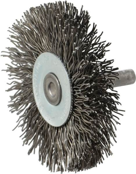 Osborn - 2-1/2" OD, 1/4" Shank Diam, Crimped Steel Wheel Brush - 7/16" Face Width, 11/16" Trim Length, 0.02" Filament Diam, 25,000 RPM - A1 Tooling