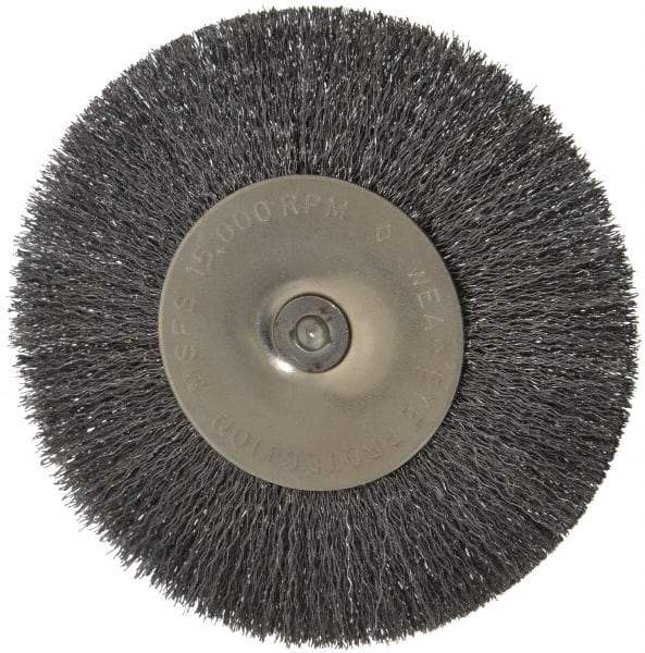 Osborn - 4" OD, 1/4" Shank Diam, Crimped Steel Wheel Brush - 1/2" Face Width, 1" Trim Length, 0.008" Filament Diam, 15,000 RPM - A1 Tooling