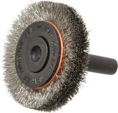 Osborn - 1-1/2" OD, 1/4" Shank Diam, Crimped Stainless Steel Wheel Brush - 3/8" Face Width, 9/32" Trim Length, 0.006" Filament Diam, 25,000 RPM - A1 Tooling