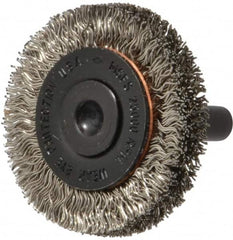 Osborn - 1-1/2" OD, 1/4" Shank Diam, Crimped Stainless Steel Wheel Brush - 3/8" Face Width, 9/32" Trim Length, 0.012" Filament Diam, 25,000 RPM - A1 Tooling