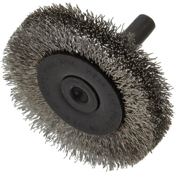 Osborn - 2" OD, 1/4" Shank Diam, Crimped Stainless Steel Wheel Brush - 3/8" Face Width, 7/16" Trim Length, 0.008" Filament Diam, 25,000 RPM - A1 Tooling