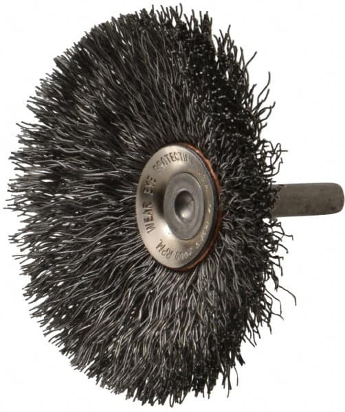 Osborn - 3" OD, 1/4" Shank Diam, Crimped Steel Wheel Brush - 7/16" Face Width, 15/16" Trim Length, 0.014" Filament Diam, 20,000 RPM - A1 Tooling