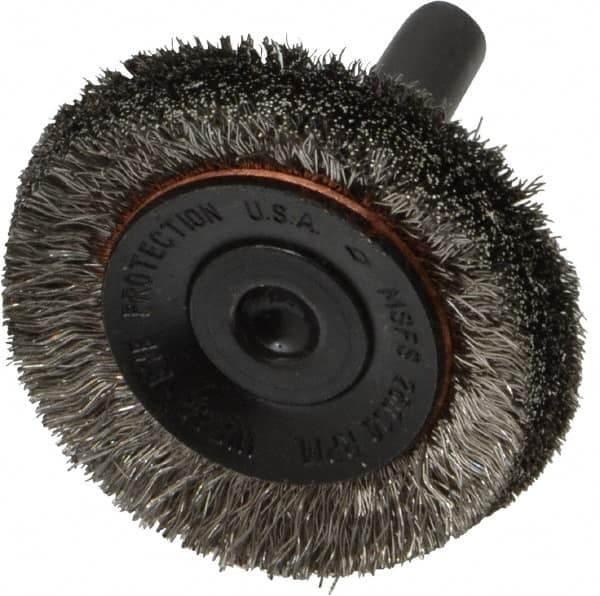 Osborn - 1-1/2" OD, 1/4" Shank Diam, Crimped Stainless Steel Wheel Brush - 3/8" Face Width, 3/8" Trim Length, 0.006" Filament Diam, 20,000 RPM - A1 Tooling