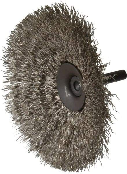 Osborn - 4" OD, 1/4" Shank Diam, Crimped Stainless Steel Wheel Brush - 1/2" Face Width, 1-7/16" Trim Length, 0.014" Filament Diam, 15,000 RPM - A1 Tooling