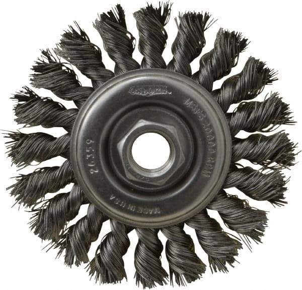 Osborn - 4" OD, 5/8-11 Arbor Hole, Knotted Steel Wheel Brush - 3/8" Face Width, 7/8" Trim Length, 0.014" Filament Diam, 20,000 RPM - A1 Tooling