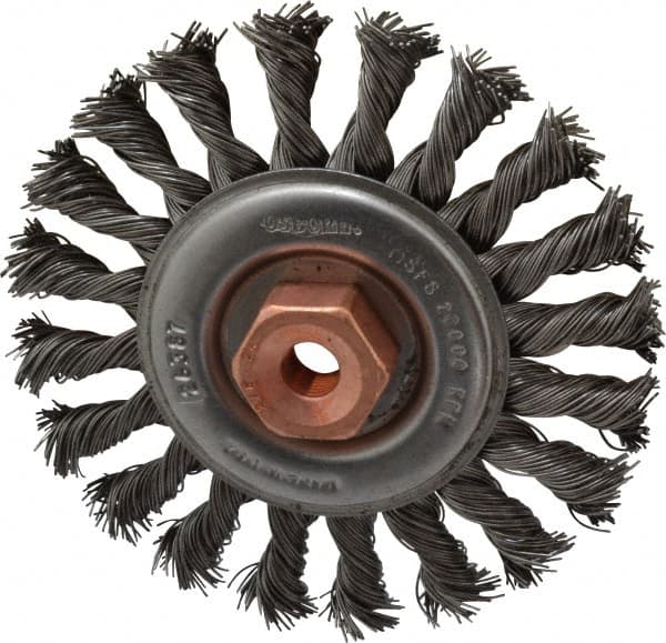 Osborn - 4" OD, 3/8-24 Arbor Hole, Knotted Steel Wheel Brush - 3/8" Face Width, 7/8" Trim Length, 0.02" Filament Diam, 20,000 RPM - A1 Tooling