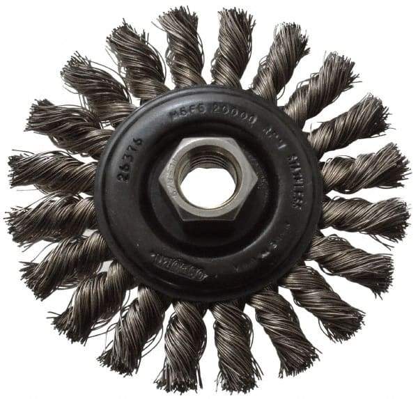 Osborn - 4" OD, 5/8-11 Arbor Hole, Knotted Stainless Steel Wheel Brush - 3/8" Face Width, 7/8" Trim Length, 0.014" Filament Diam, 20,000 RPM - A1 Tooling