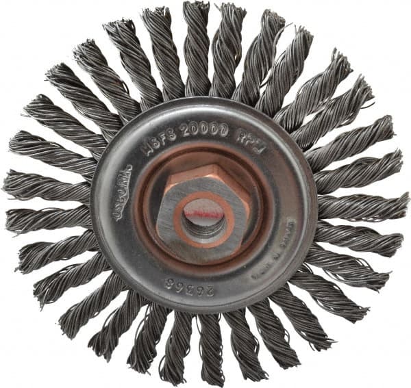 Osborn - 4" OD, 1/2-13 Arbor Hole, Knotted Steel Wheel Brush - 1/4" Face Width, 7/8" Trim Length, 0.02" Filament Diam, 20,000 RPM - A1 Tooling