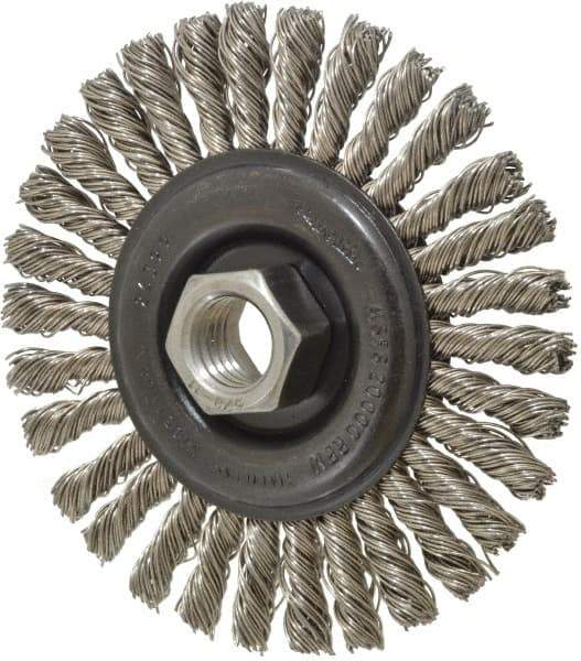 Osborn - 4" OD, 5/8-11 Arbor Hole, Knotted Stainless Steel Wheel Brush - 1/4" Face Width, 7/8" Trim Length, 0.02" Filament Diam, 20,000 RPM - A1 Tooling