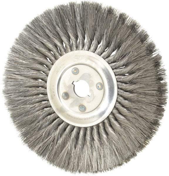 Osborn - 12" OD, 1-1/4" Arbor Hole, Knotted Steel Wheel Brush - 5/8" Face Width, 3-1/4" Trim Length, 0.014" Filament Diam, 4,500 RPM - A1 Tooling