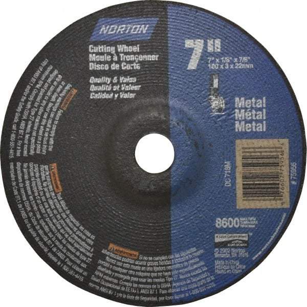 Norton - 60 Grit, 7" Wheel Diam, 1/8" Wheel Thickness, 7/8" Arbor Hole, Type 27 Depressed Center Wheel - Aluminum Oxide, 8,600 Max RPM, Compatible with Angle Grinder - A1 Tooling