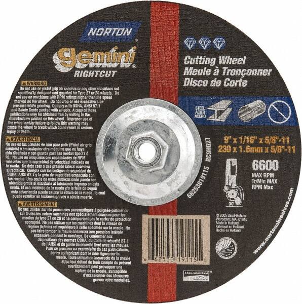 Norton - 9" Wheel Diam, 1/16" Wheel Thickness, Type 27 Depressed Center Wheel - Aluminum Oxide, 6,600 Max RPM, Compatible with Angle Grinder - A1 Tooling