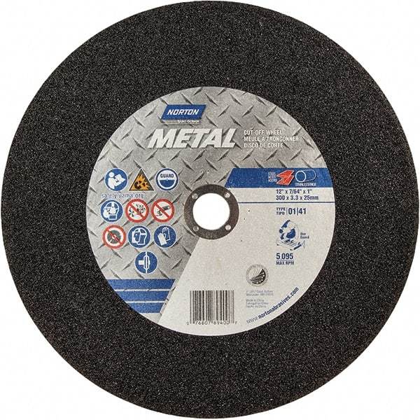 Norton - 12" 36 Grit Aluminum Oxide Cutoff Wheel - 7/64" Thick, 1" Arbor, 5,095 Max RPM, Use with Chop Saws - A1 Tooling