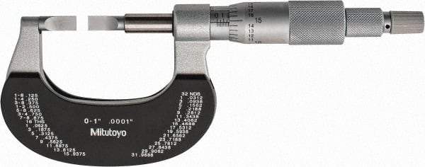 Mitutoyo - 0" to 1" Mechanical Satin Chrome Coated with Thermal Shield Blade Micrometer - 0.0002" Accuracy, 0.0001" Graduation, 0.75mm Blade Thickness, Ratchet Stop Thimble - A1 Tooling