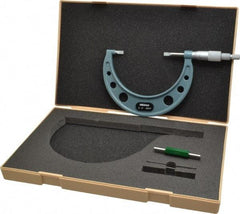 Mitutoyo - 3" to 4" Mechanical Hammertone Green Coated Blade Micrometer - 0.0002" Accuracy, 0.0001" Graduation, 0.75mm Blade Thickness, Ratchet Stop Thimble - A1 Tooling