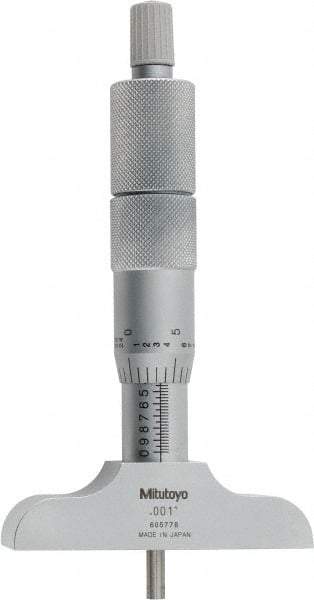 Mitutoyo - 0 to 4" Range, 4 Rod, Satin Chrome Finish Mechanical Depth Micrometer - Ratchet Stop Thimble, 2-1/2" Base Length, 0.01mm Graduation, 4mm Rod Diam - A1 Tooling