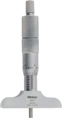 Mitutoyo - 0 to 4" Range, 4 Rod, Satin Chrome Finish Mechanical Depth Micrometer - Ratchet Stop Thimble, 2-1/2" Base Length, 0.01mm Graduation, 4mm Rod Diam - A1 Tooling