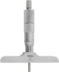 Mitutoyo - 0 to 4" Range, 4 Rod, Satin Chrome Finish Mechanical Depth Micrometer - Ratchet Stop Thimble, 4" Base Length, 0.01mm Graduation, 4mm Rod Diam - A1 Tooling